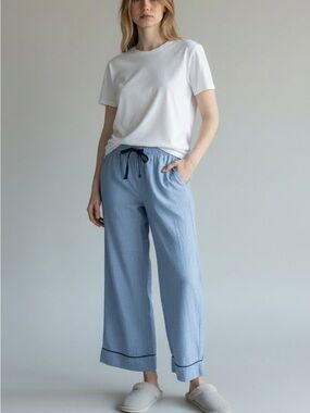 LAKE Cotton Poplin Piped Hem Pajama Pants Blue Size Small